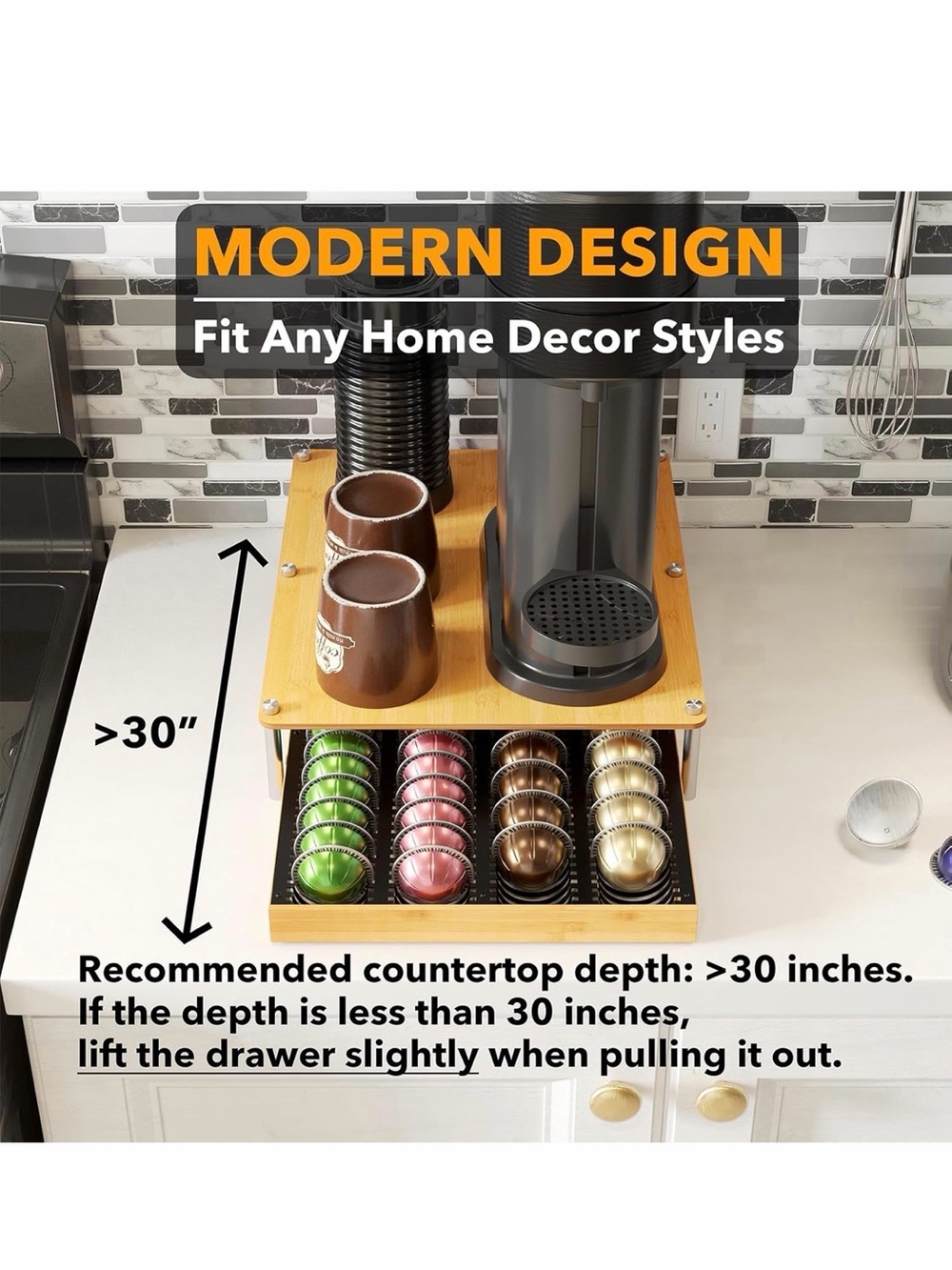 SpaceAid Bamboo Coffee Pod Holder Stand with Drawer and Black Nespresso Tray - Picture 4 of 5